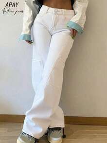 Women's Mid-Rise Straight-Leg White Patchwork Casual Cargo Jeans - Suitable For Daily Commute And Streetwear Spring - White - View 6