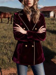 Women's Retro Elegant Design Striped Gold Trim Metal Button Jacket - Burgundy - View 6
