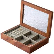 Medium Size Wooden Jewelry Box For Women Made Of Natural Solid Walnut Wood With Vintage Design Large Storage Capacity Dedicated Ring Compartments Built-In Necklace Hooks Transparent Glass Lid Ideal For Organizing Accessories And Keepsakes In Bedroom Or Vanity - Walnut - 查看 1