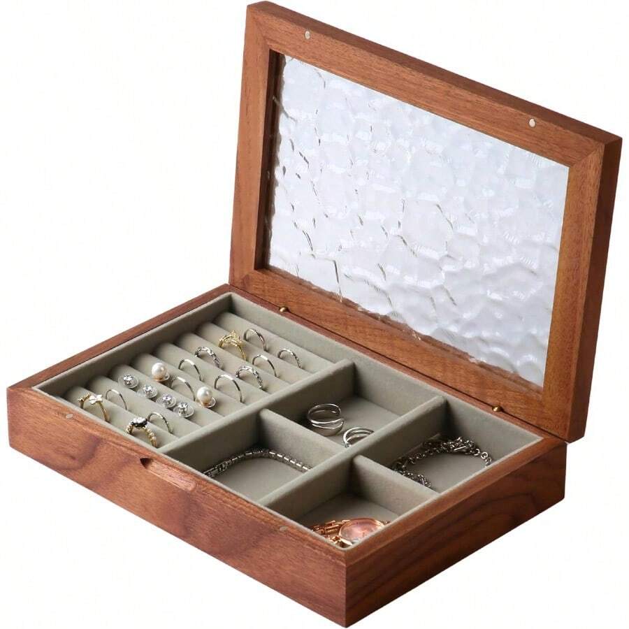 Medium Size Wooden Jewelry Box For Women Made Of Natural Solid Walnut Wood With Vintage Design Large Storage Capacity Dedicated Ring Compartments Built-In Necklace Hooks Transparent Glass Lid Ideal For Organizing Accessories And Keepsakes In Bedroom Or Vanity - Walnut - 查看 1