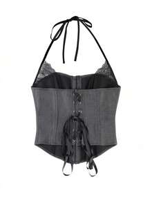 Apperloth A Y2K 紧身露脐吊带背心，性感露背细肩带设计，前钩扣和后背系带，钢骨塑形，适合女士情人节和节日穿着 - 黑色 - 查看 4