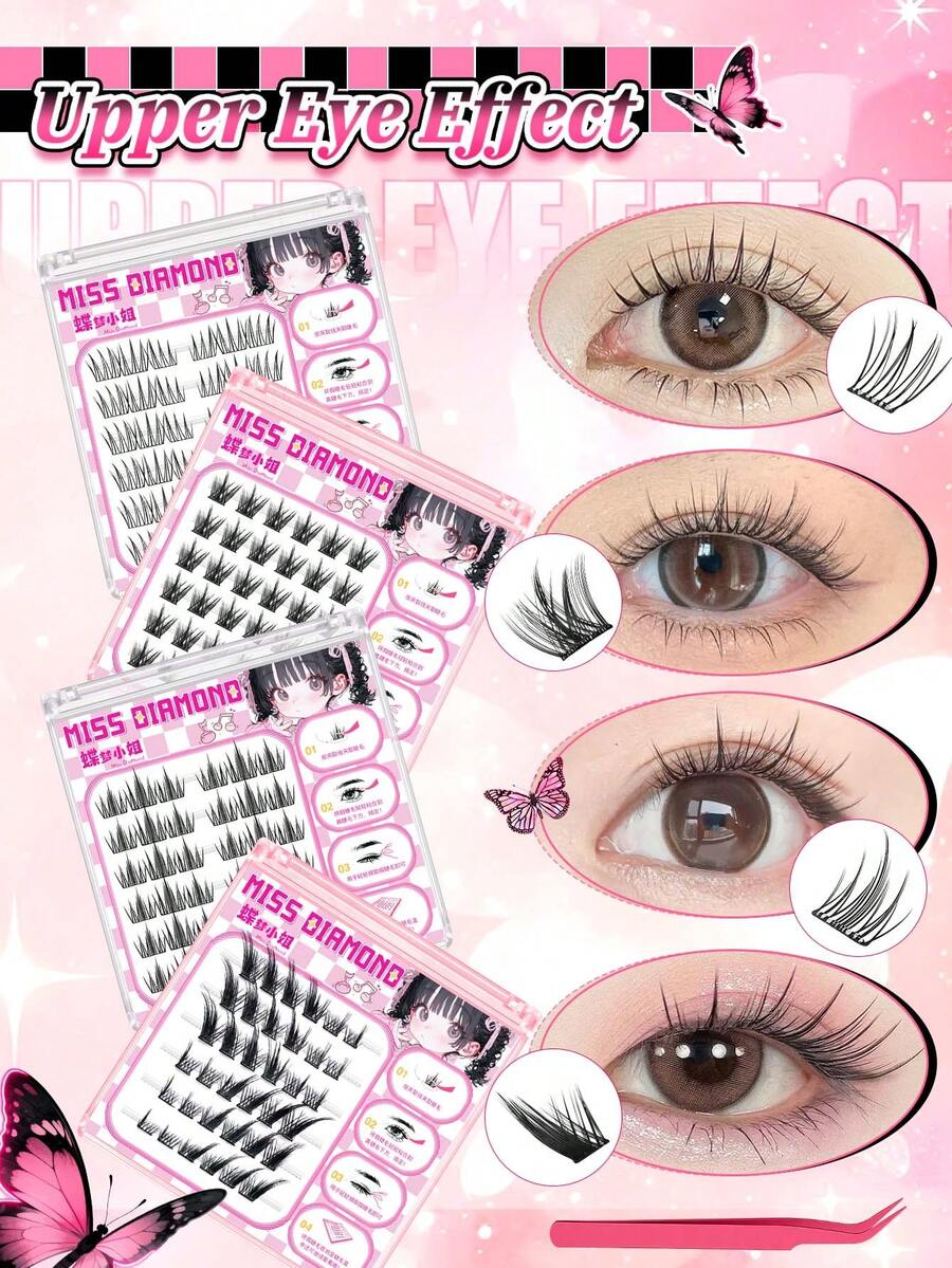 2 Boxes Self-Adhesive Cluster False Eyelashes Natural Look Lashes, Individual Eyelashes No Glue Needed, Reusable DIY Eyelashes For Women & Pros, DIY Makeup, Anime Style, Easy To Use For Beginner, False Eyelashes Lash Clusters,Eyelash Clusters,Individual Eyelashes,Lashes,Fake Lashes