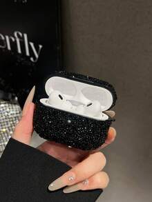 Diamond 1pc Solid Black Full Covered Rhinestone Electroplated PC Bluetooth Earphone Protective Hard Case, Compatible With Apple 1/2/3/Pro/Pro2, Shiny Rhinestone Luxury Design