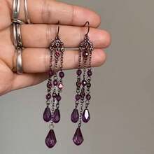 A Pair Of Elegant And Retro Long Purple Crystal Beaded Tassel Earrings - 紫色流蘇耳環 - 查看 2