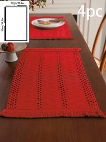 1 pieza Tapete de mesa estilo vintage americano country de color rojo sólido tejido con flecos, mantel rectangular para mesa de café, mueble de TV, fiesta festiva, cumpleaños, decoración del hogar, para todo el año - Rojo - Ver 13