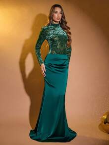 女士绿色立领长袖印花植绒缎面拼接正式派对晚礼服婚纱 - 綠色 - 查看 5