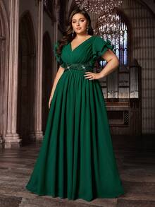 经典加大码曲线女士雪纺深V领晚礼服优雅正式连衣裙纯色短荷叶袖亮片网纱细节长款连衣裙婚礼春季派对 - 墨綠色 - 查看 4