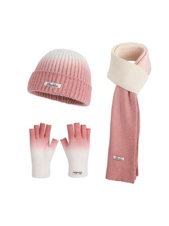 3pcs Women Tie-Dye Ombre Knit Beanie Hat Set, Wool Warm Minimalist Brimless Cap, Winter Warm Accessory, Suitable For Outdoor Skiing, Cycling, Christmas Gift Women Winter Clothes