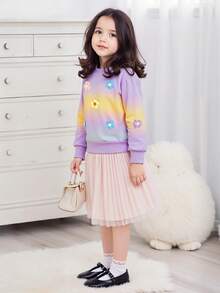 Sudadera de manga larga con cuello redondo, decoración floral 3D y degradado de arcoíris para niñas - Púrpura malva - Ver 4