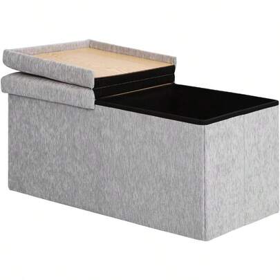 KIRA Chenille Storage Ottoman Bench Ash Grey Tufted Lid Divider Flip-Top Table Foldable Seat And Footrest For Living Room Bedroom Entryway