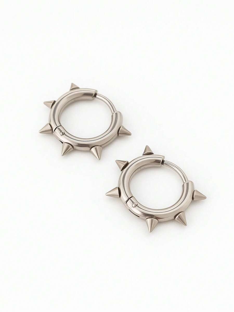 Punk Rock Spike Hoop Earrings – Anti-Allergic In Silver Stainless Steel - Bạc - Xem 1