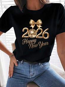 Women'S 2026 Happy New Year T-Shirt - White With Golden Glitter & Bow Graphic, Short Sleeve Round Neck Casual Top, Soft Breathable Pure For Everyday & Holiday Wear - White - View 6