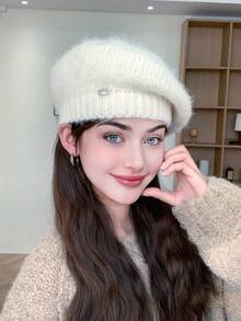 1pc Women's Bow Beret Hat, Casual Warm Knitted Fuzzy Painter Beret Cap, Large Circumference, Versatile, Suitable For Outdoor, Dating, Gathering, Daily Use, Autumn/Winter Autumn Accessories