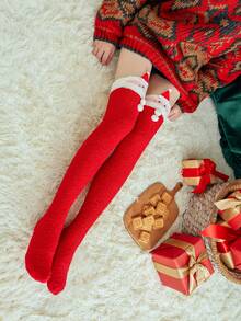 1双毛绒过膝长袜 圣诞袜 女士过膝袜 卡通刺绣长袜 - 彩色 - 查看 8