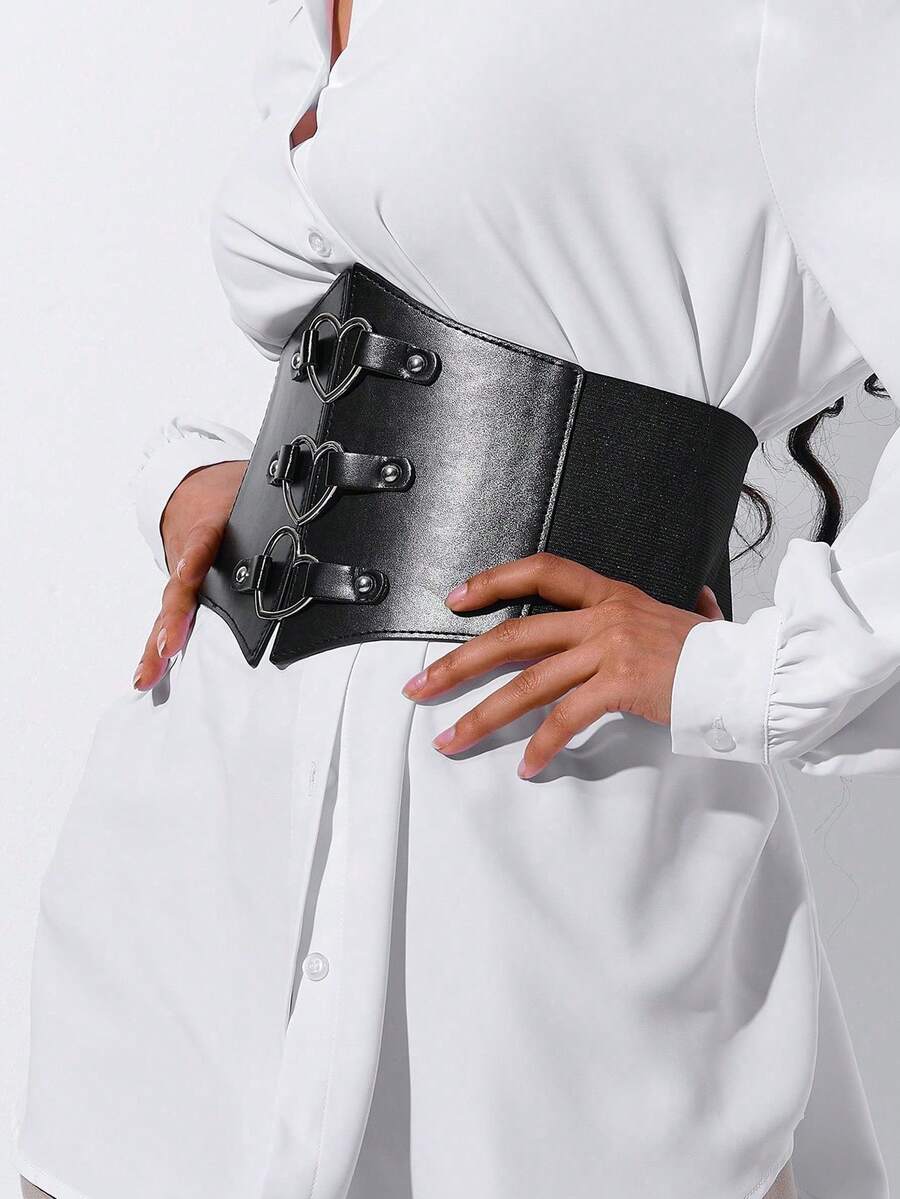1pc Women's Dark Fashion PU Leather Elastic Corset Belt With Heart Decor, Versatile For Halloween, Renaissance Outfit - Black - View 1