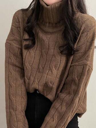 宽松舒适高领女士纯色落肩长袖毛衣