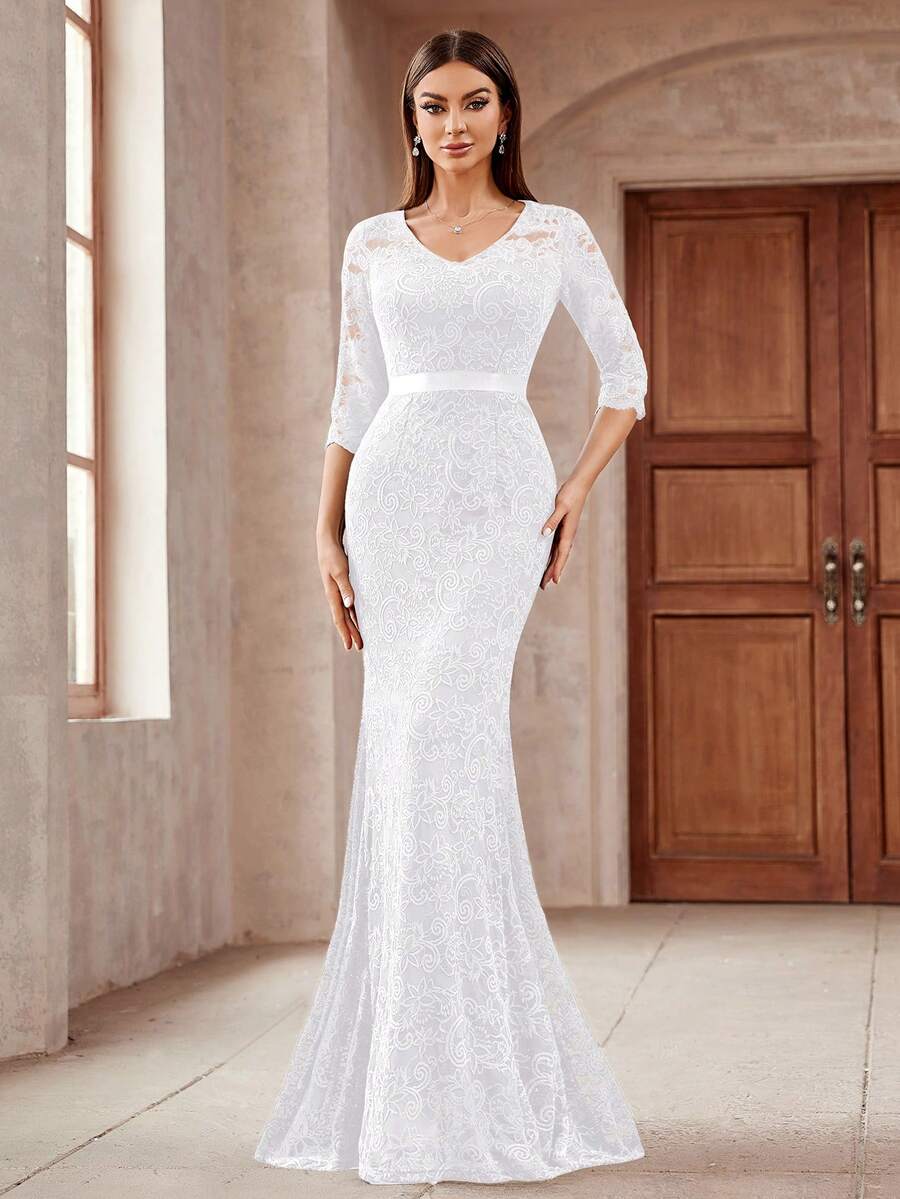 MIUSOL Elegant Women's V Neck Full Lace High Slim Mermaid Hem Maxi Dress, Sweetheart Neckline With 3/4 Sleeves, For Formal Evening Party, Wedding Guest, Birthday Event - 白色 - 查看 1