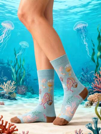 1双女士蓝色海藻水母图案时尚百搭中筒休闲袜