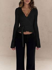 Áo kiểu dài tay cổ chữ V thắt nơ phía trước, viền ren hoa gợi cảm dành cho nữ, màu đen, mùa xuân. - màu đen - Xem 6