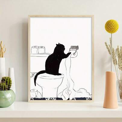 1 pieza Póster de lienzo sin marco, Arte de dibujos animados, Gato negro de pie en el inodoro para tomar toallas de papel, Regalo ideal para dormitorio, sala de estar, pasillo, arte de pared, decoración de pared, decoración de invierno, decoración de habitación
