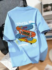 1pc Tween Boy Skateboard Print Light Blue Short Sleeve T-Shirt, Suitable For Young Students, Summer Top For Big Kids
