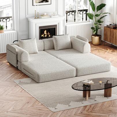 Chenille 2-In-1 Sleeper Sofa With Storage Compartment In The Armrest, Three Metal Frames And Multiple Configuration Options. 2pcs