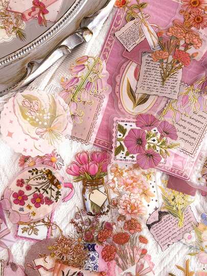 50张粉金花朵贴纸，美观烫金PET透明贴花，适用于笔记本电脑、行李箱、剪贴簿、文具、日记本、手机等DIY装饰贴纸，儿童玩具