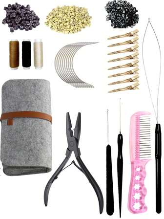 67件套接发工具套装，600个硅胶内衬微型环，1把钳子，2个钩子拉拔器，10个弯头发夹，4个金属发夹，1把梳子，3根缝纫线发饰，美发造型套装