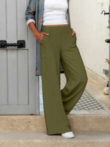 Women's Straight Loose Solid Color Casual Pants With Slant Pockets - Army Green - View 2