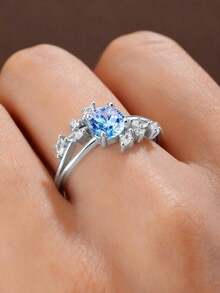 S925 Sterling Silver Four-Claw Zirconia Ring, Elegant Laurel Leaf Design - Blue and White - View 6