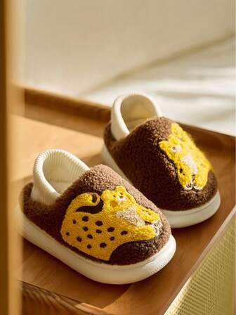 Toddler & Little Kids Cute Warm Slippers With Unicorn & Leopard Design, Slip-On