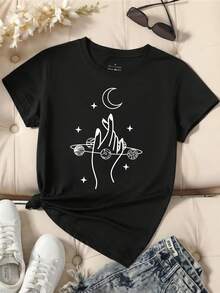 Camiseta casual de manga corta con estampado para mujer, una camiseta básica de cuello redondo, adecuada para usar todos los días en primavera y verano. - Negro - Ver 2