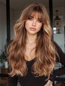 24 INCH Heat Resistant Body Wave Long Wig For Women Wig Natural Brown & Golden Highlights Synthetic Hair Wig For Daily Cosplay And Parties Suitable For All Seasons - Multicolor - View 2