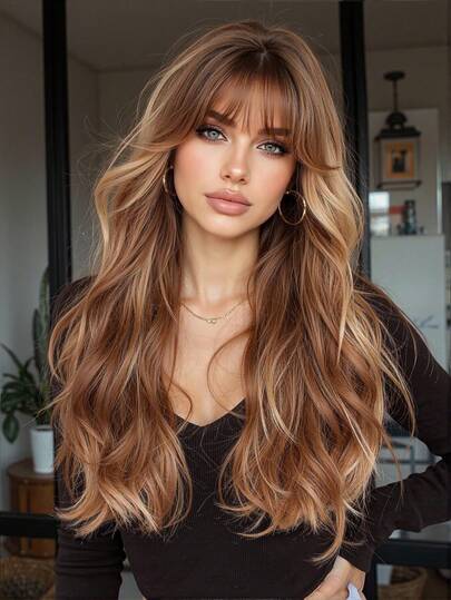 24 英寸耐热波浪长假发，女士假发，自然棕色和金色挑染，合成假发，适合日常角色扮演和派对，适合所有季节