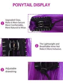 32-Inch Purple Wig For Women, High Ponytail, Clip-On Style, Long Straight Purple Hair, Elegant And Voluminous High Ponytail Wig - Purple - View 3