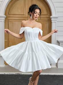 YUMIBRAVO Balletcore Off The Shoulder Wedding Dress Bride White Dresses For Women, Ball Gown Dress Short Prom Dress, Satin Wedding Dresses For Bride Birthday Women Outfits, Perfect For Classic Weddings, Graduation Dress, Party Dress
