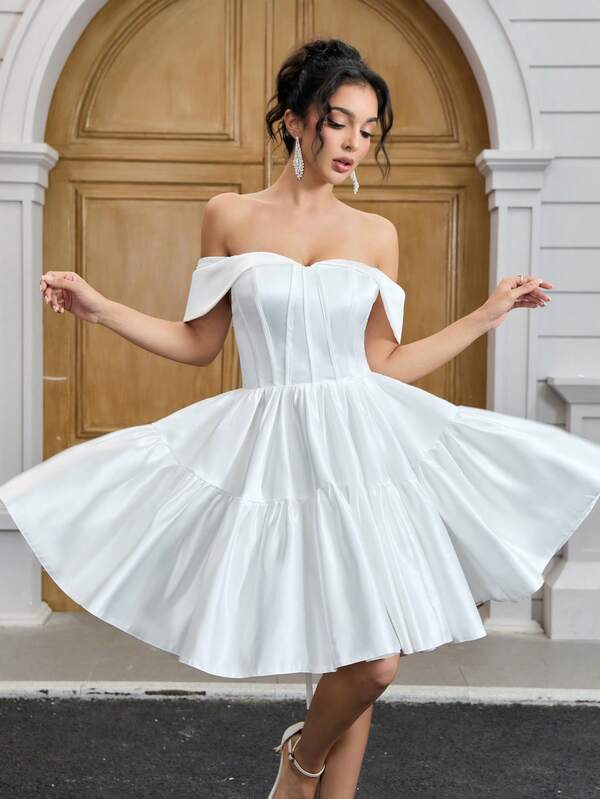 YUMIBRAVO Abito da sposa con spalle scoperte in stile balletcore per donne, abito bianco da sposa, abito da ballo corto, abito da sera in raso, abito da sposa perfetto per matrimoni classici, lauree, feste