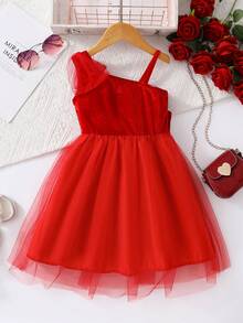 Vestido de malla sin mangas con lazo de perlas lindo para niña, verano - Rojo - Ver 2