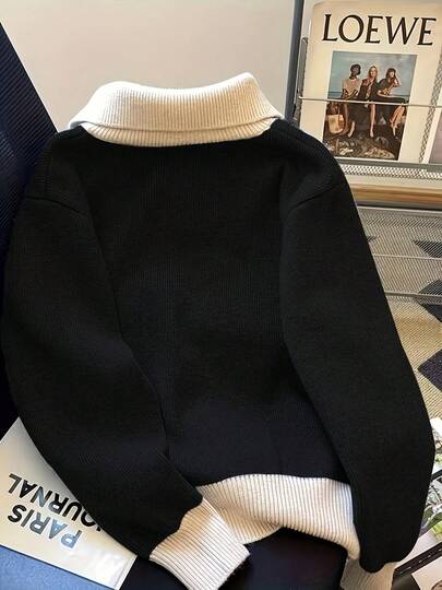 Áo khoác cardigan dệt kim dài tay có khóa kéo, áo len dệt kim đa năng màu đen