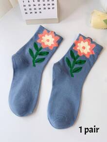 1/5双可爱花朵图案女士中筒袜。休闲女士袜子。透气袜子，秋季 - 彩色 - 查看 21