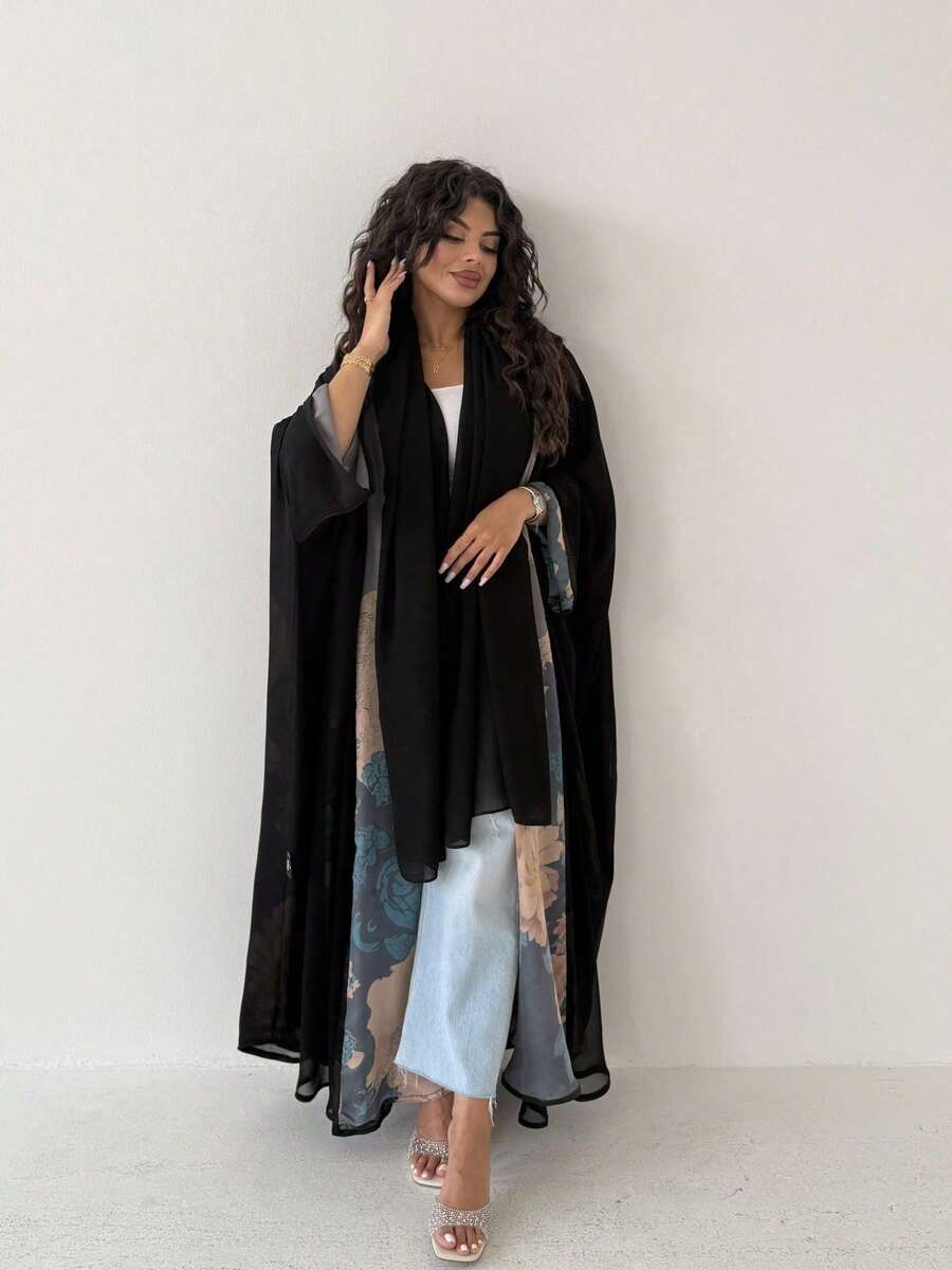 两件套女士优雅黑色衬里印花拼接袖波西米亚风外套，配头巾，时尚复古阿拉伯风格长款开衫，适合日常、派对、春季假日等场合。 - 黑色 - 查看 1