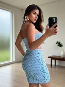 Modal Knit Cropped Top And Short Skirt Set - Elegant Summer Fashion - Baby Blue - View 4