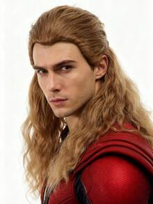 24英寸长金色卷发假发，超级英雄“雷神”角色扮演服装假发，耐热合成假发，万圣节假发 - 棕色 - 查看 3