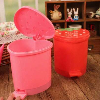 1个可爱草莓造型桌面垃圾桶，创意草莓形状桌面收纳盒 - 塑料材质，卡通车载草莓塑料垃圾桶，桌面垃圾桶，脚踏式垃圾桶，容量400毫升/0.1加仑，带盖，适用于办公室和家庭的桌面和抽屉收纳，便携式收纳，家居收纳