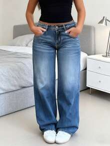 Nowe modne jeansy vintage z szerokimi nogawkami dla kobiet, luźne, proste, do połowy tali, uniwersalne na cały sezon - Ciemny jeans - Zobacz 4