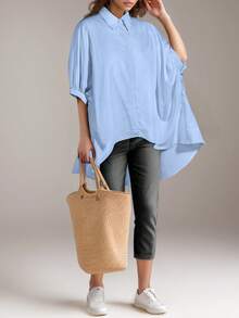Áo sơ mi nữ thời trang và thanh lịch màu xanh nhạt dáng rộng, vạt trước ngắn vạt sau dài, tay ngắn, cổ bẻ, cài nút, ôm dáng và đa năng, phù hợp cho các buổi đi chơi hàng ngày, tụ họp bạn bè và mặc thường ngày, mùa xuân/hè & Giáng sinh. - Rửa nhẹ - Xem 3
