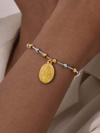 1pc Women Virgin Mary Cross Oval Stainless Steel Pendant With Beaded Chain Bracelet
