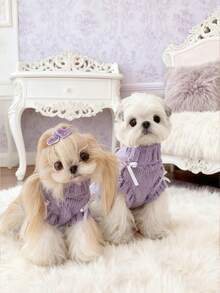 1 pieza Sudadera con estampado de cisne morado con falda de lazo de fresa, Sudadera de invierno/otoño para perros y gatos pequeños, Ropa de mascota cálida con capucha - Morado - Ver 3