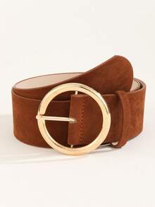 1pc Gold Round Buckle PU Leather Belt, Fashionable & Versatile Waist Belt For Dresses, Minimalist Design For Daily Wear - Brown - View 5