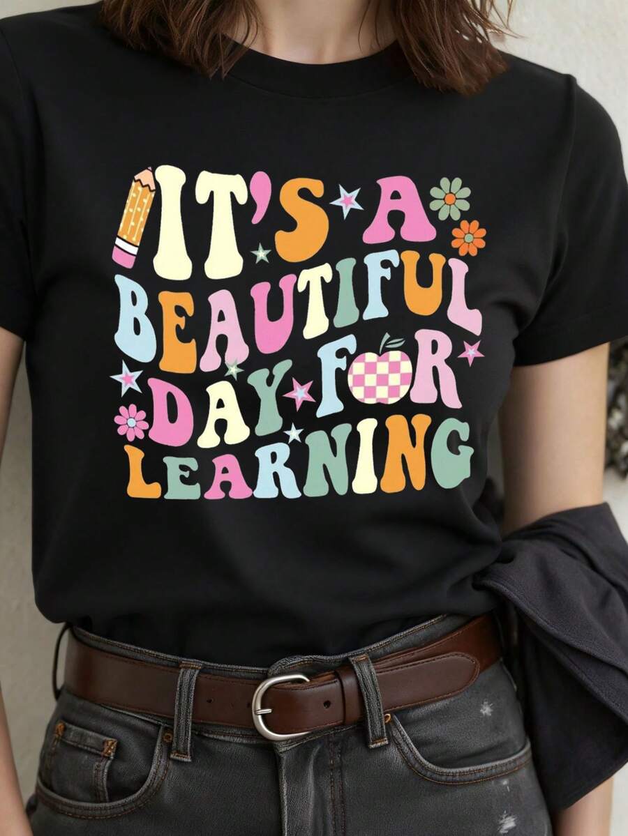 Camiseta casual de manga corta con estampado para mujer, una camiseta básica de cuello redondo, adecuada para usar todos los días en primavera y verano. - Negro - Ver 1